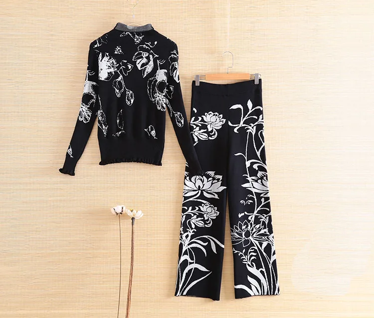 Осенний Женский трикотажный комплект из двух предметов шерсть жаккард свитер