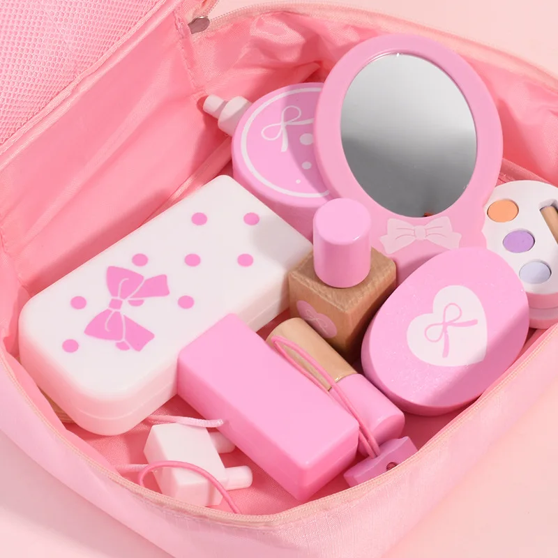 

Children Wooden Beauty Makeup Toys Simulation Play House Toys Dresser Girl Princess Cosmetics Bag Set Girls Pretend Toy Gift