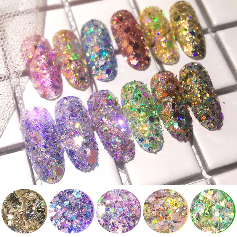 1 бутылка блестящих хлопьев для ногтей Смешанная шестиугольная круглая симфония искусственная пудра