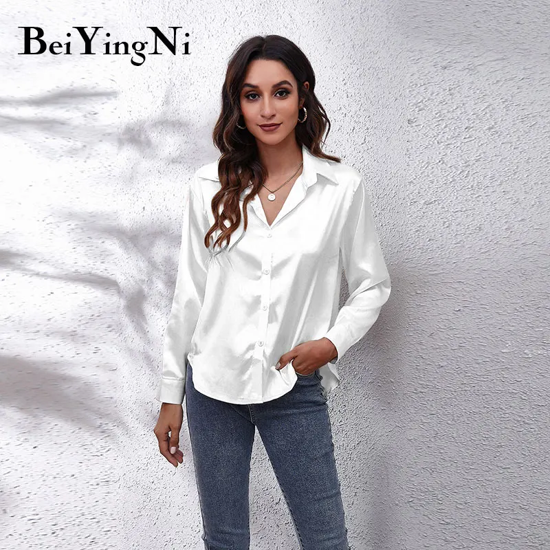 

Женская атласная блузка Beiyingni, офисная блузка с длинным рукавом и отложным воротником, офисная блузка для женщин, топы, белые, Черные блузки