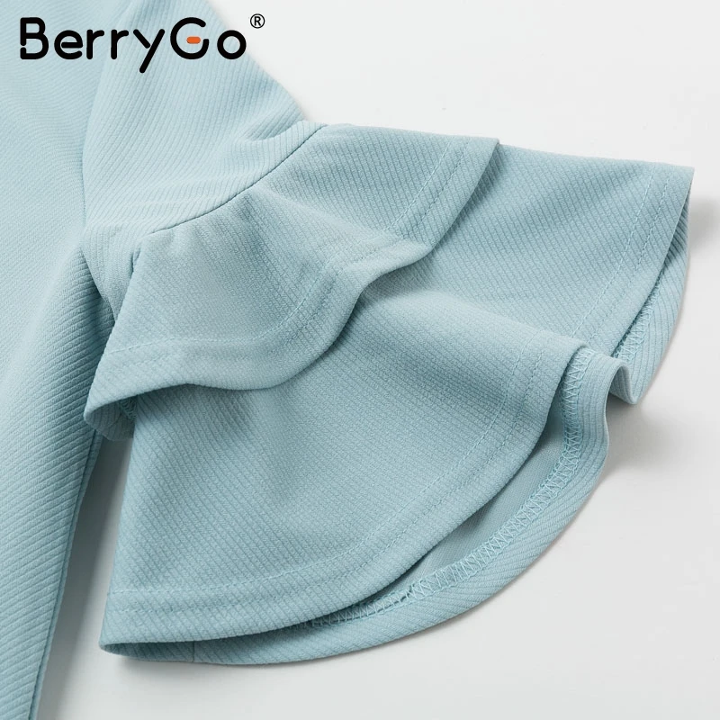 BerryGo Элегантное трикотажное мини-платье с оборками женское однотонное тонкое вечернее платье с круглым вырезом осенне-зимнее женское платье с длинным рукавом для работы