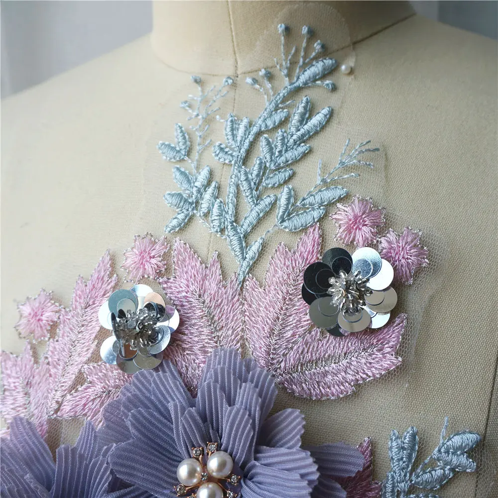 Фиолетовые розовые 3D цветы стразы кружево ткань Вышитое свадебное платье