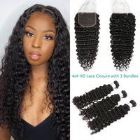 deep wave bundles with closure hd lace human hair closure with 3 bundles brazilian hair water wave bundles remy hair extension