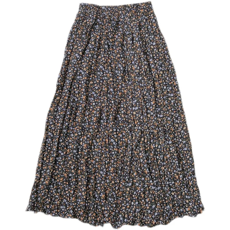 

Summer Skirts Womens 2021 New Vintage Floral Print Chiffon Pleated Skirt Elastic High Waist Casual Midi Skirt Women Clothes Jupe
