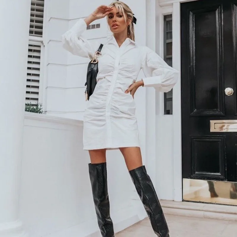 

Spring 2022 women's casual dress slim fit pleated shirt sleeve one-step skirt