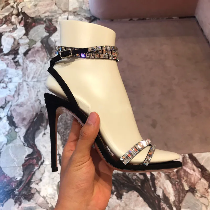 Босоножки на высоком каблуке со стразами женские летние пикантные босоножки с