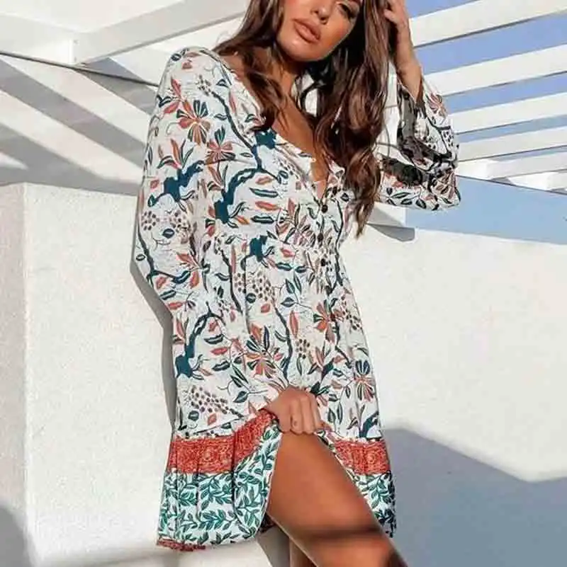Богемный Вдохновленный цветочный мини платье с длинным рукавом v образным