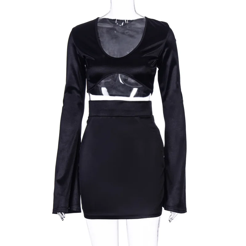 Шелковистый атласный комплект из 2 предметов укороченный топ с длинным рукавом и