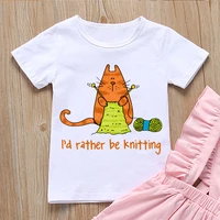 funny boys t shirt id rather be knitting cartoon cat graphics kids clothes summer t shirt for girls white short sleeve shirt