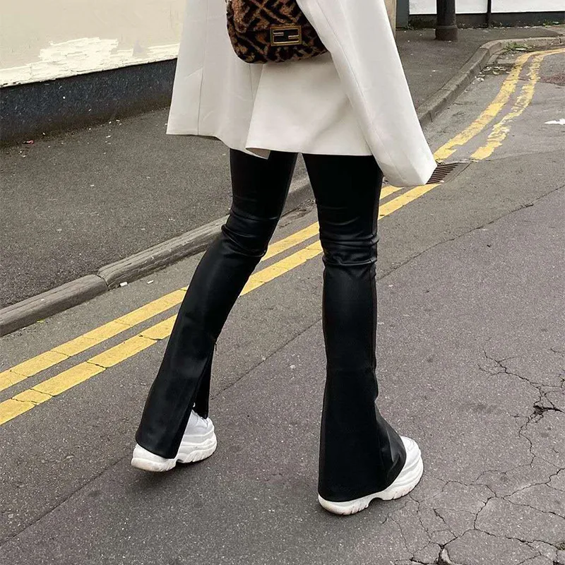 

2021 Black Leather Pants PU Women Fashion Split Autumn Winter Trousers High Waist Zip Ladies Pencil Slim Long Design Pant