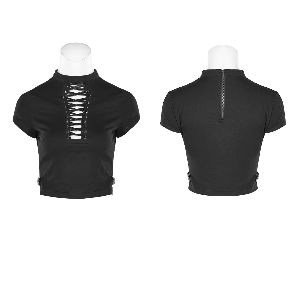 PUNK RAVE Women Hollow-out Strap Short T-shirt Punk Style Knit Printed Plaid Shirt Slim Fit Sexy Club Tops | Женская одежда