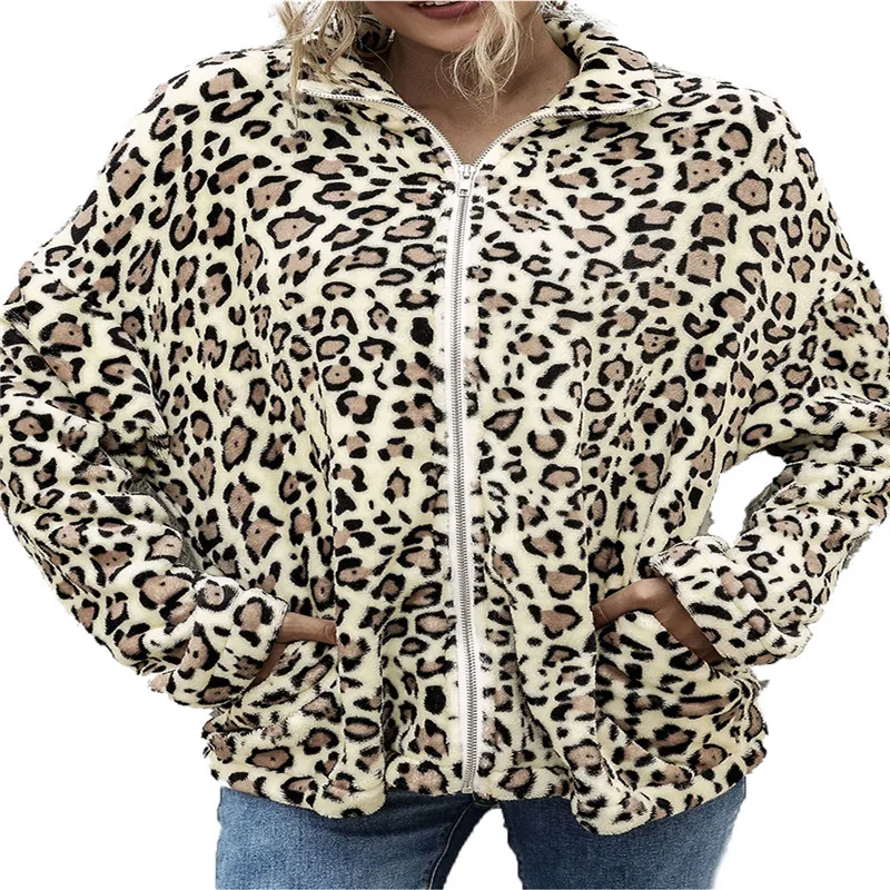 

Autumn Women's Fall Coat Leopard Top Loose Long Sleeve High Neck Side Pocket Zipper Clothes