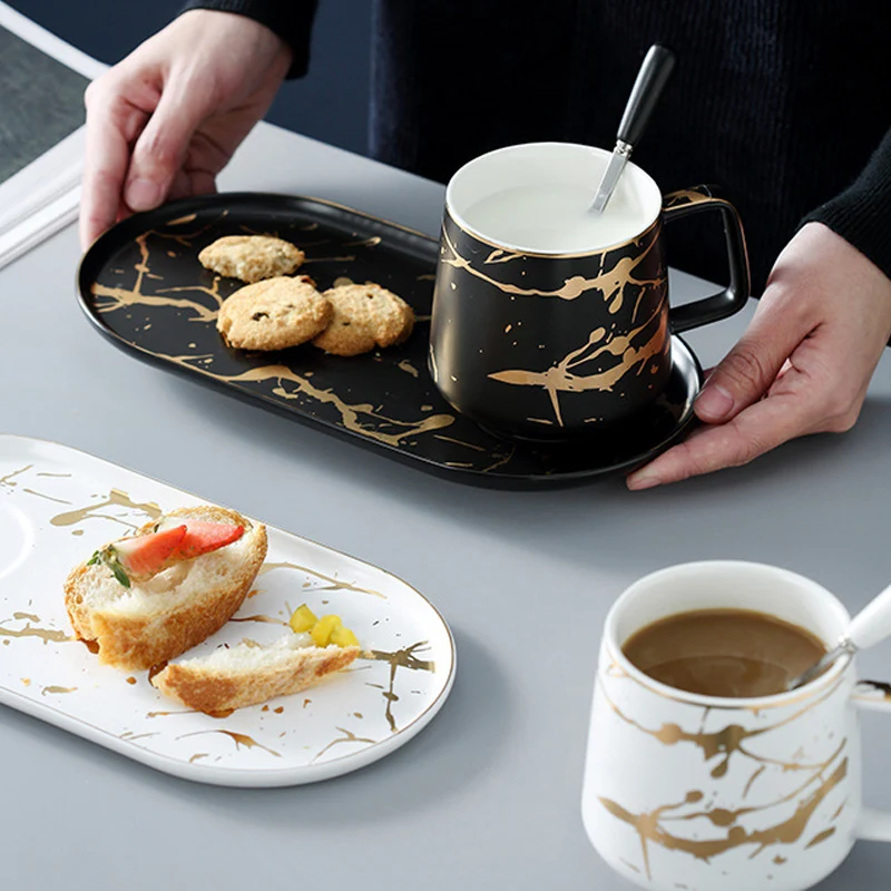 

MUZITY Ceramic Milk Mug with Breakfast Plate Porcelain MarbleTea Mug and Saucer One Person Set