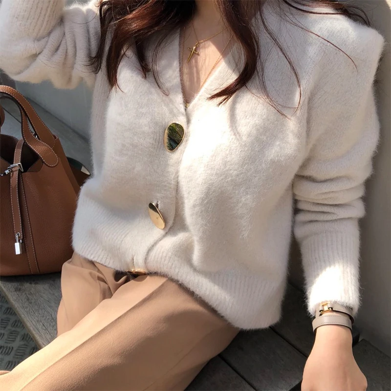 

WEIHAOBANG 2021 Golden Shiny Button Single Breasted Woolen Women Cardigans Sweater Casual Female Warm Elegant Autumn Winter