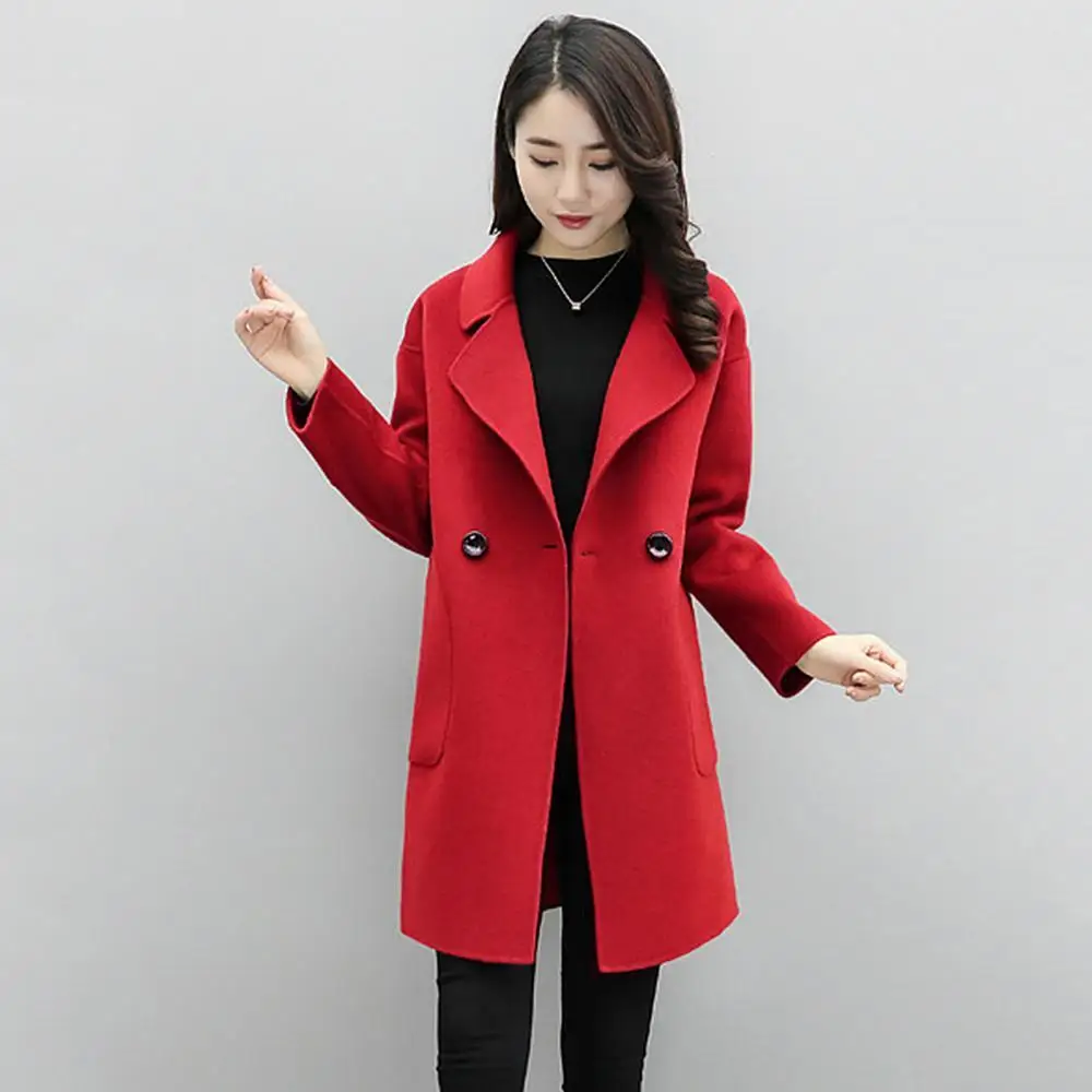 

Women Autumn Winter Solid Color Pocket Button Mid-length Coat Slim Overcoat