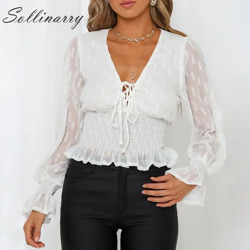 Sollinarry прозрачная белая блузка с v-образным вырезом женские шифоновые топы