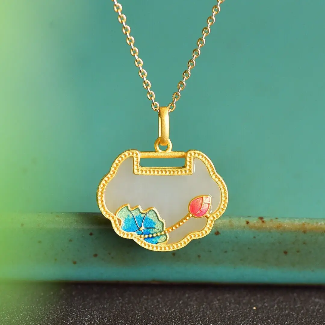 

Pendant Necklaces 925 sterling silve luxury Hetian white jade Ruyi female lotus longevity lock pendant clavicle chain jewelry