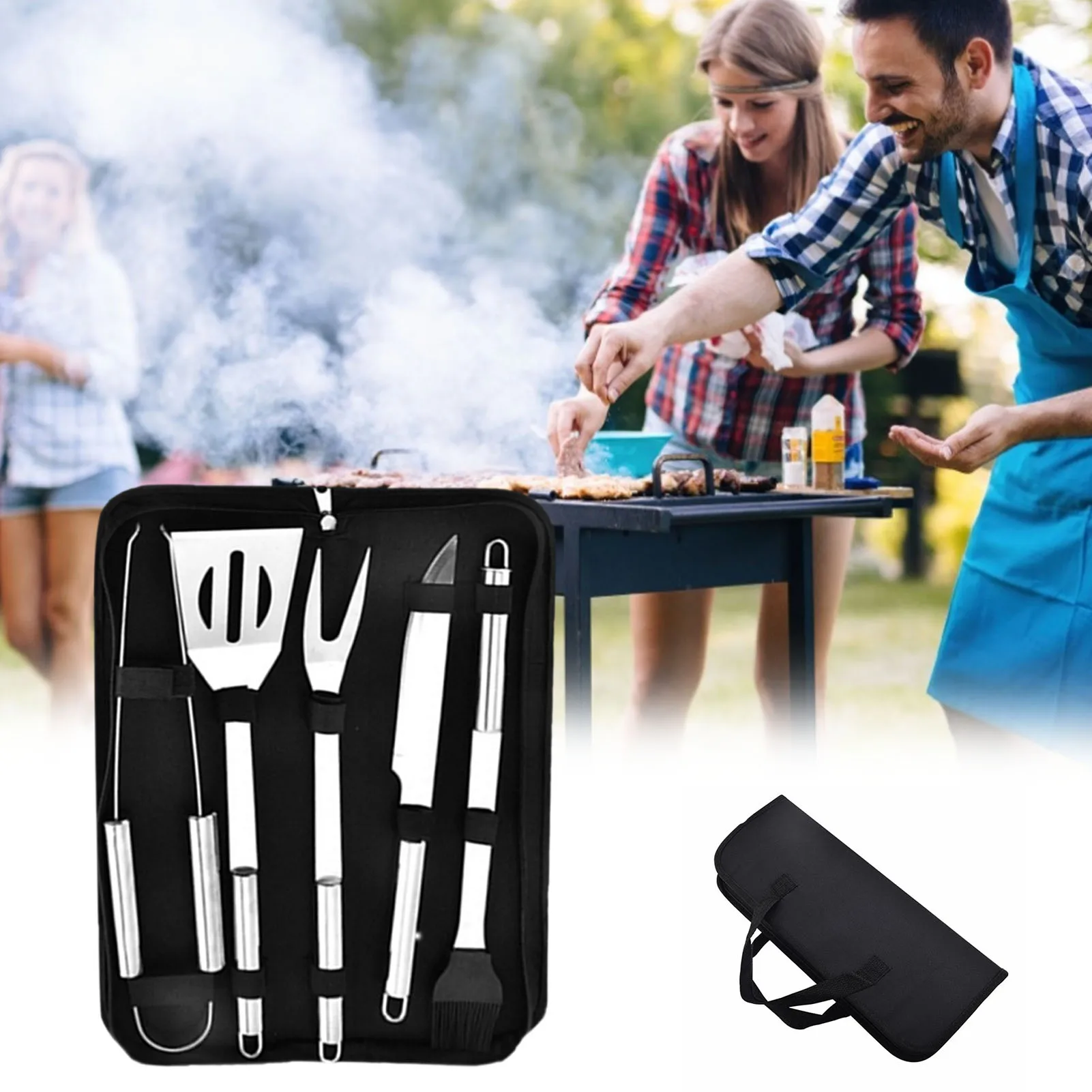 

Stainless Steel BBQ Tools Set spatula fork tongs knife brush skewers Barbecue Grilling Utensil Camping Outdoor Cooking Tool Set