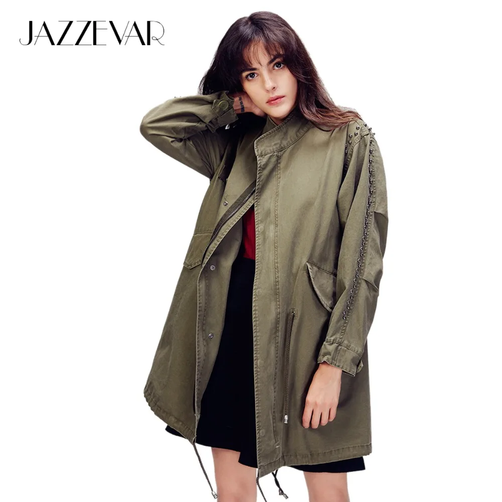 JAZZEVAR 2019 Новый осенний женский хлопковый повседневный тренч с заклепками