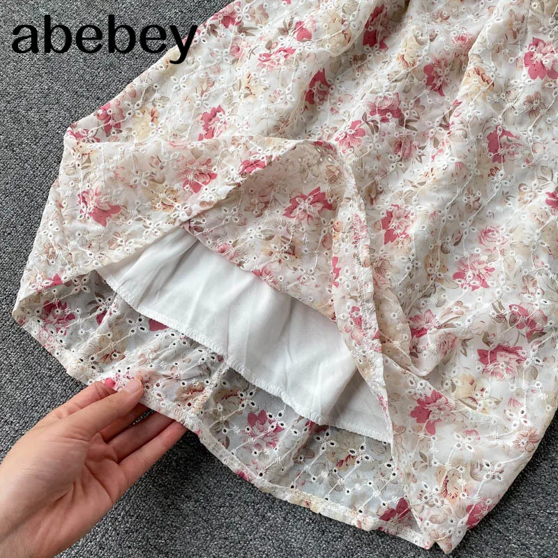 

Sweet Dress Women Summer 2021 Heavy Embroidery Mini Dresses Korean Print Robe High Waist Slim Puff Sleeve Vestidos Mujer
