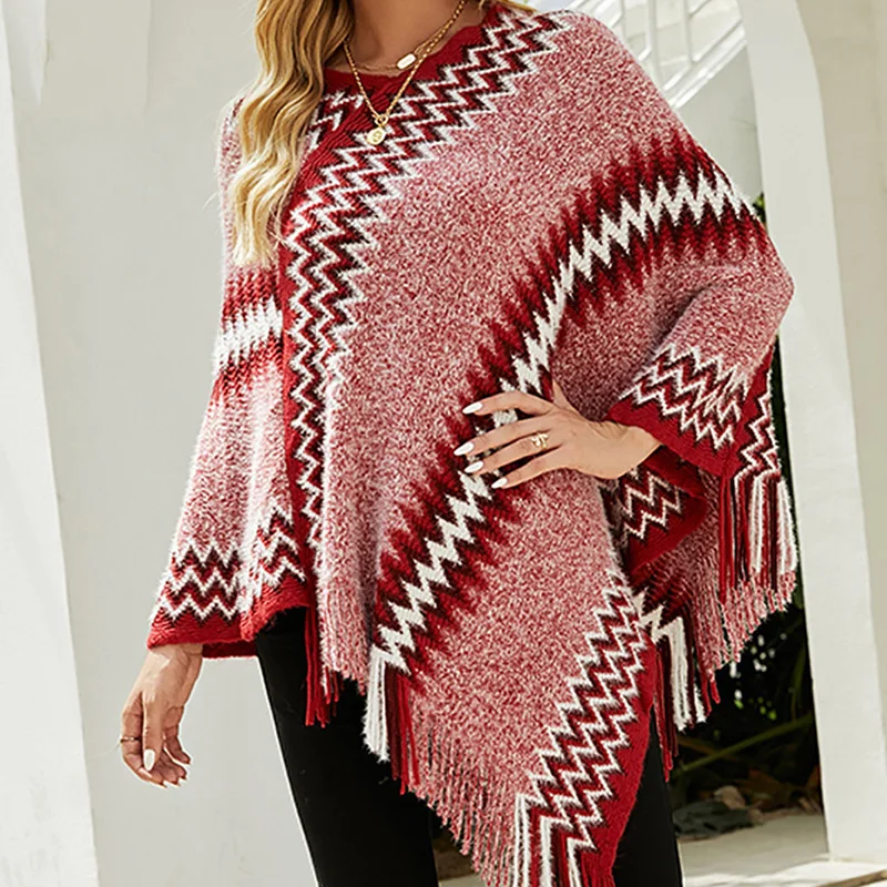 

Women's Sweater Knitted Pullover 2021 Autumn And Winter New Style V-Neck Shawl Cloak Tassel Hem Knit Sweater Women