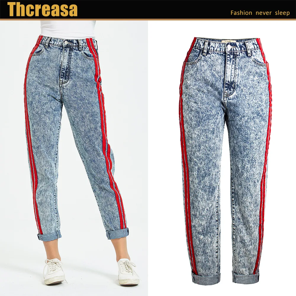 Женские джинсы с завышенной талией синие прямые в европейском и американском