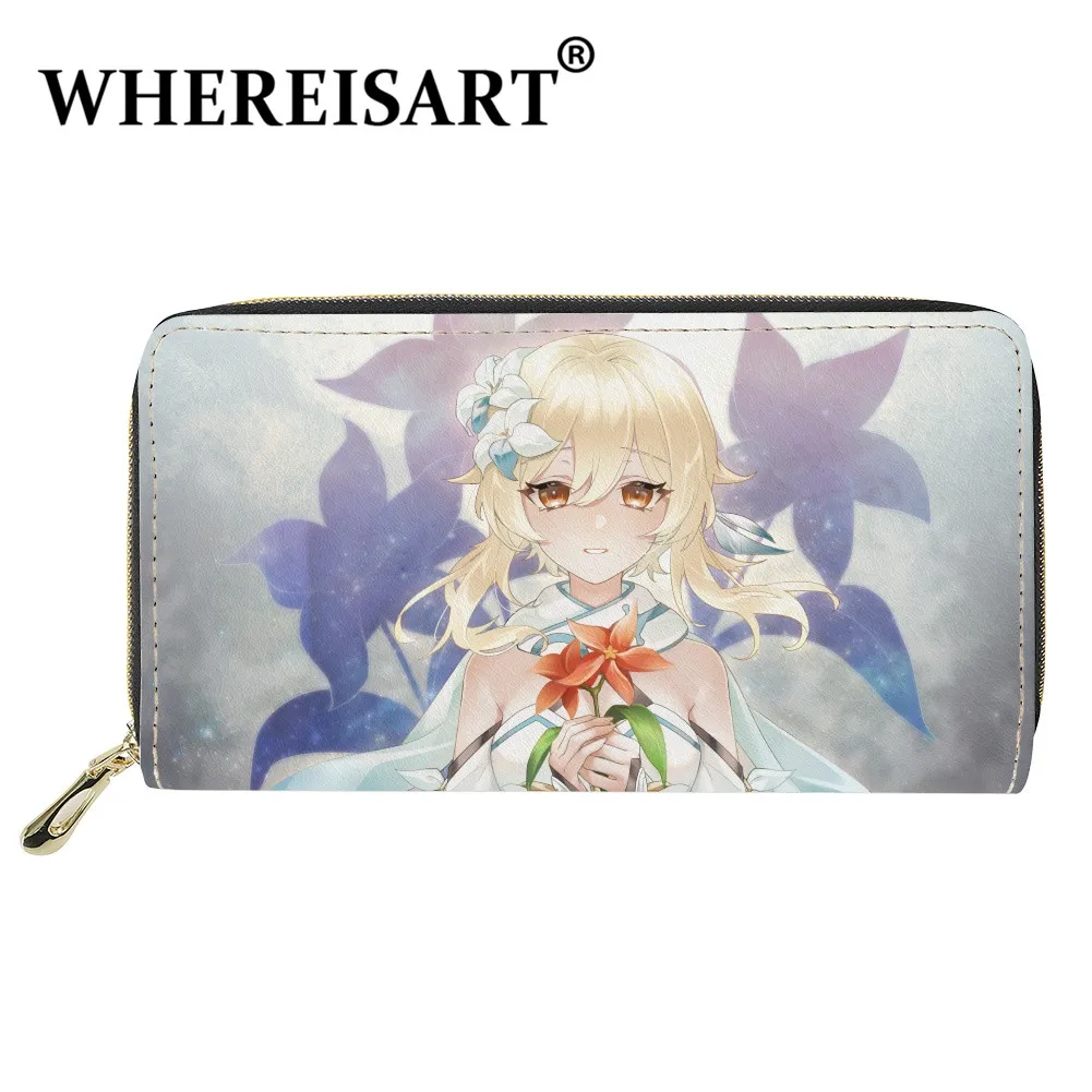 

WHEREISART Exquisite Game Genshin Impact Women's Long Credit Card Wallet Dazzling Lumine Pattern Money Bag PU Leather Key Purses