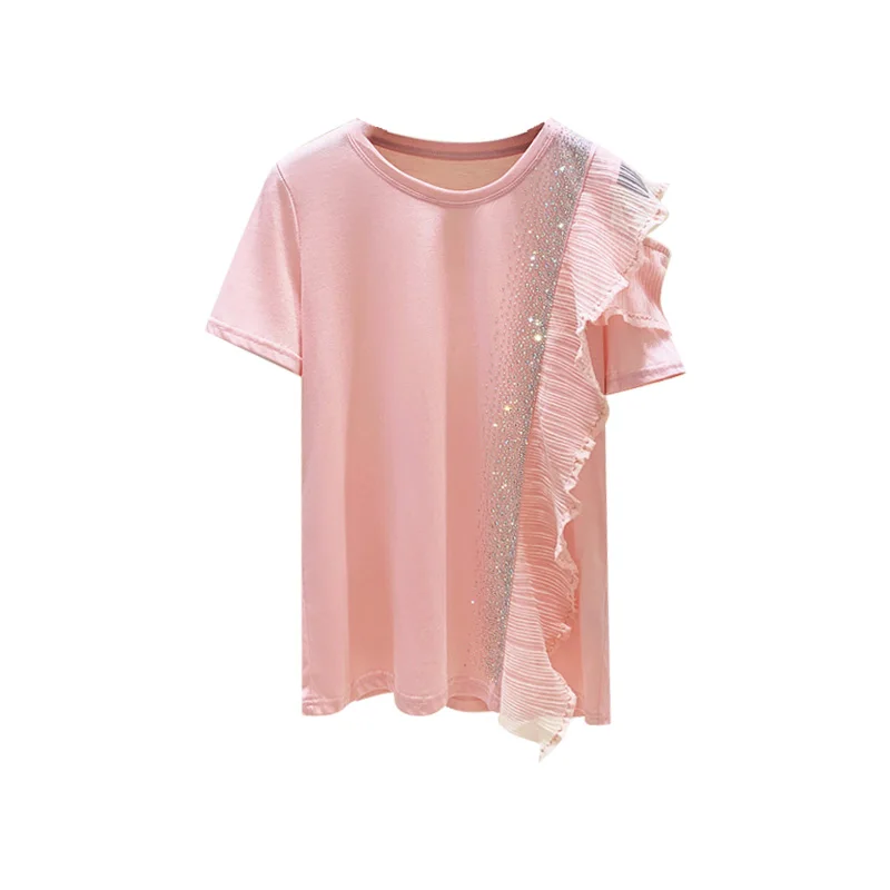 

Tshirts Womans Ruffled Off-Shoulder Hot Drilling Short-Sleeve Round Collar T-shirt Female Summer New Loose Top Students T Shirts