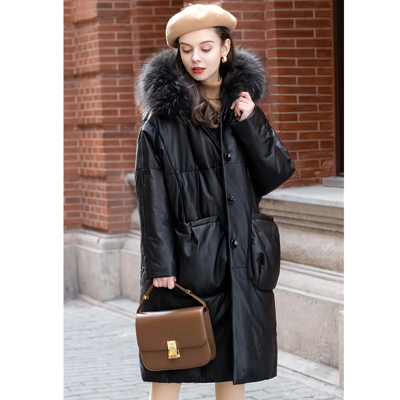 Leather Down Jacket Parka Women's Winter Hooded Raccoon Fur Sheepskin Loose Oversize Coat Female Casual Large Size Coats
