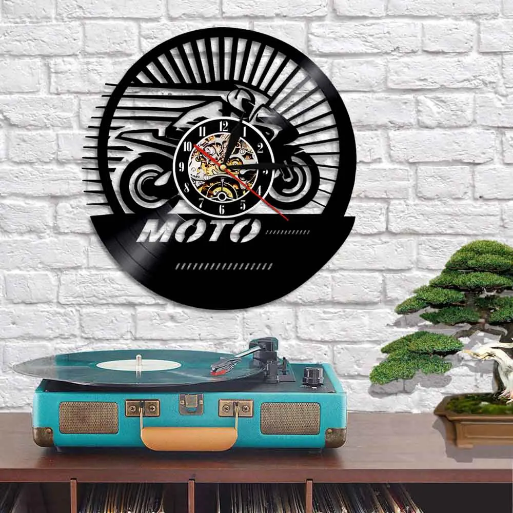 Экстремальные Мотогонки виниловая пластина 3D настенные часы веер настенный