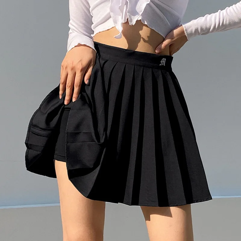 

2021 Casual Black White Mini Pleated Skirts Shorts Letter Print High Waisted Short Skirt Korean Preppy Style Summer Dance Skater