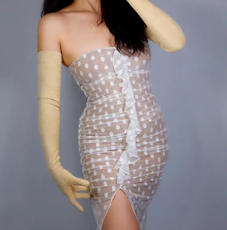 

Women's runway fashion faux suede leather beige long gloves female sexy club party dress dancing driving long glove 70cm R2710