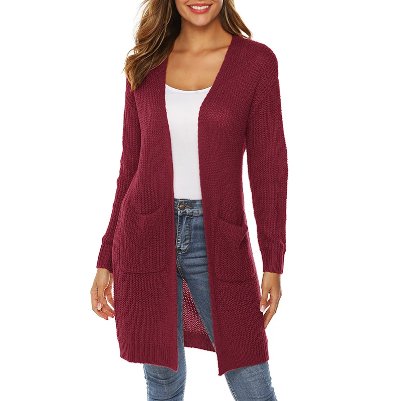 

Women Knit Long Sweaters Casual Long Sleeves Thin Solid Cardigan Loose Pocket Knit Sweater Coat