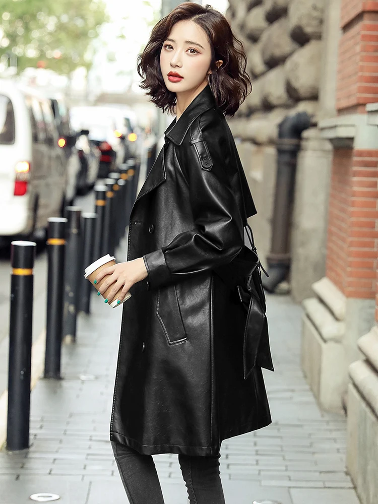 New Women Sheep Leather Trench Coat Spring Autumn Fashion Lacing Mid-Long Loose Sheepskin Jacket Stylish Outerwear Female