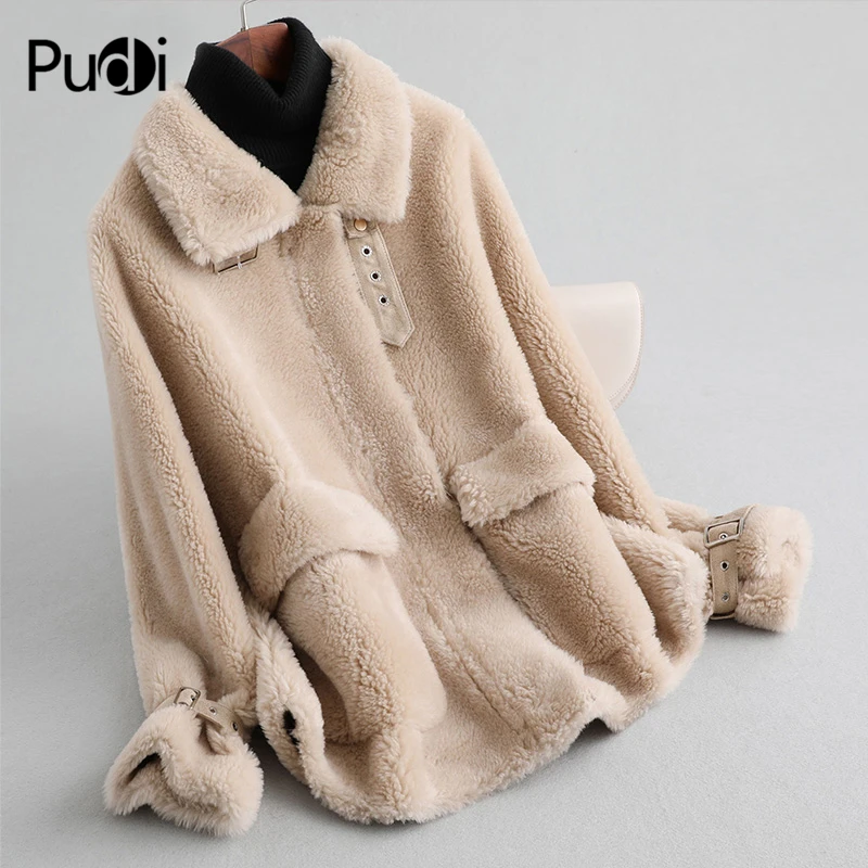 

PUDI Women Winter Real Wool Shearing Short Over Size Parka Warm Jacket Girl Coat Lady Jacket Over Size Parka A19043