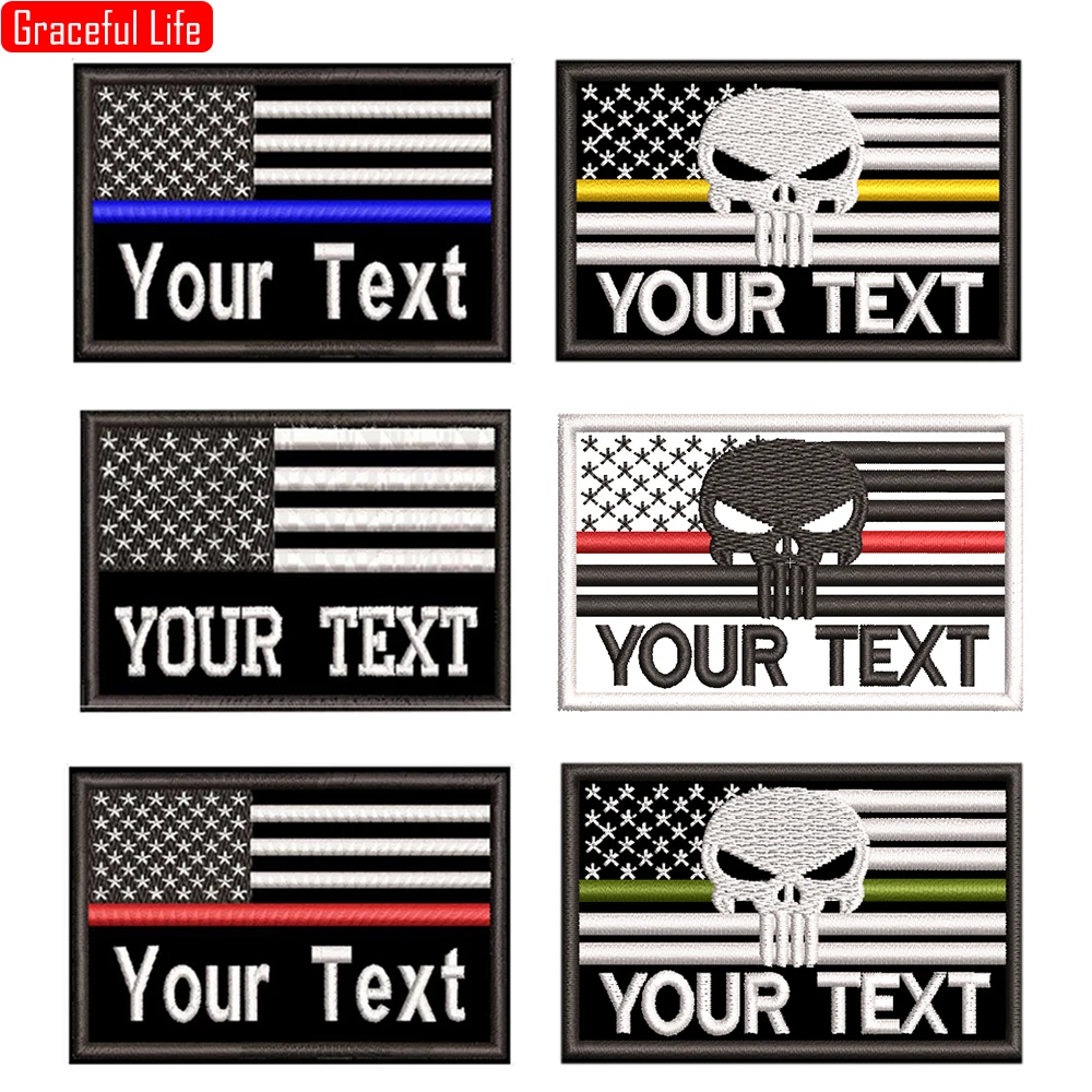 

USA Flag Embroidery Custom Name Text Patch Stripes Badge Iron On or Velcro Backing Patches to Backpack Hat 9*5.8cm