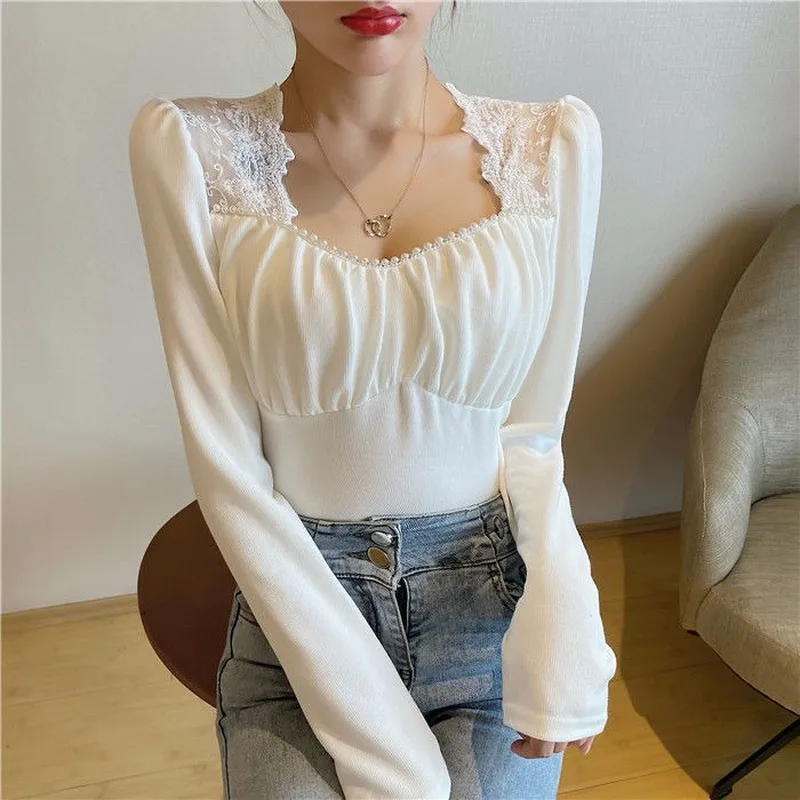 

Casual Lace Square Collar Long Sleeve Slim Blouse and Tops Female Solid Sweet Korean Style Office Lady Shirts Women 2021 Spring