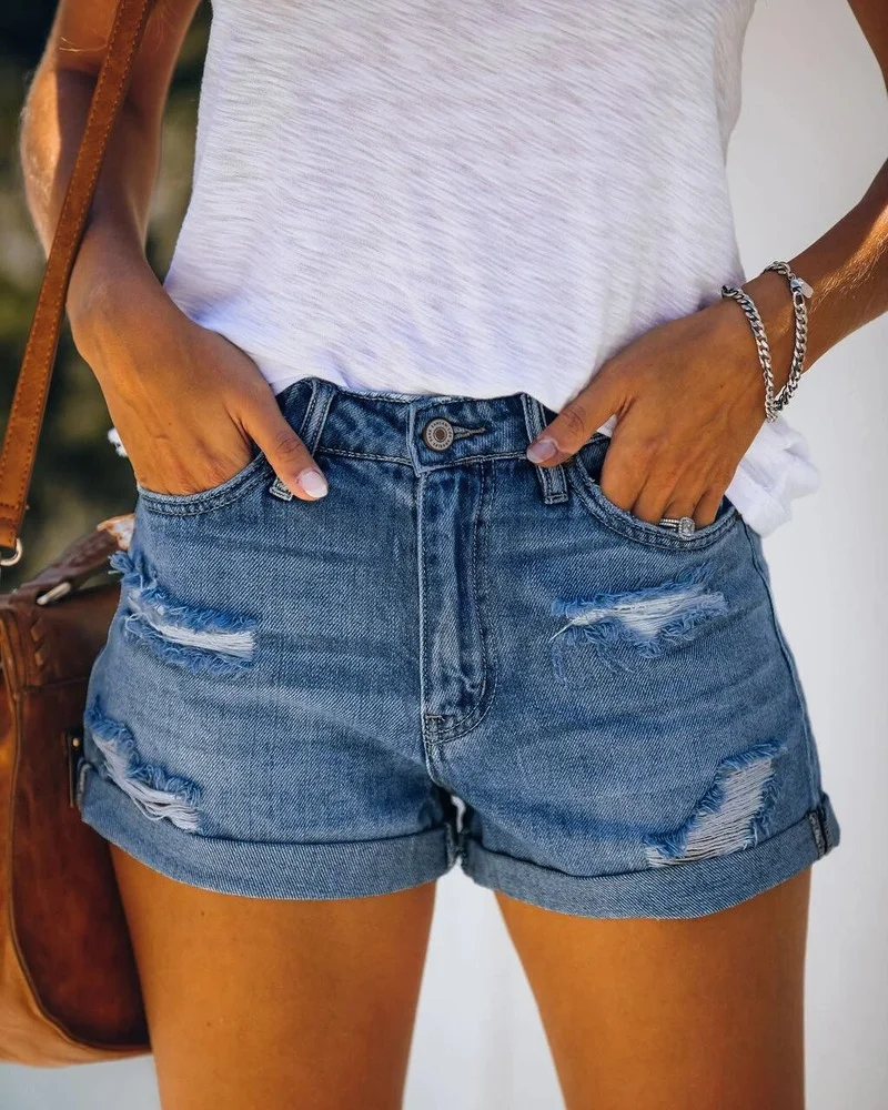 

2021 hot style stand-alone women's stretch mid-waist denim shorts with holes
