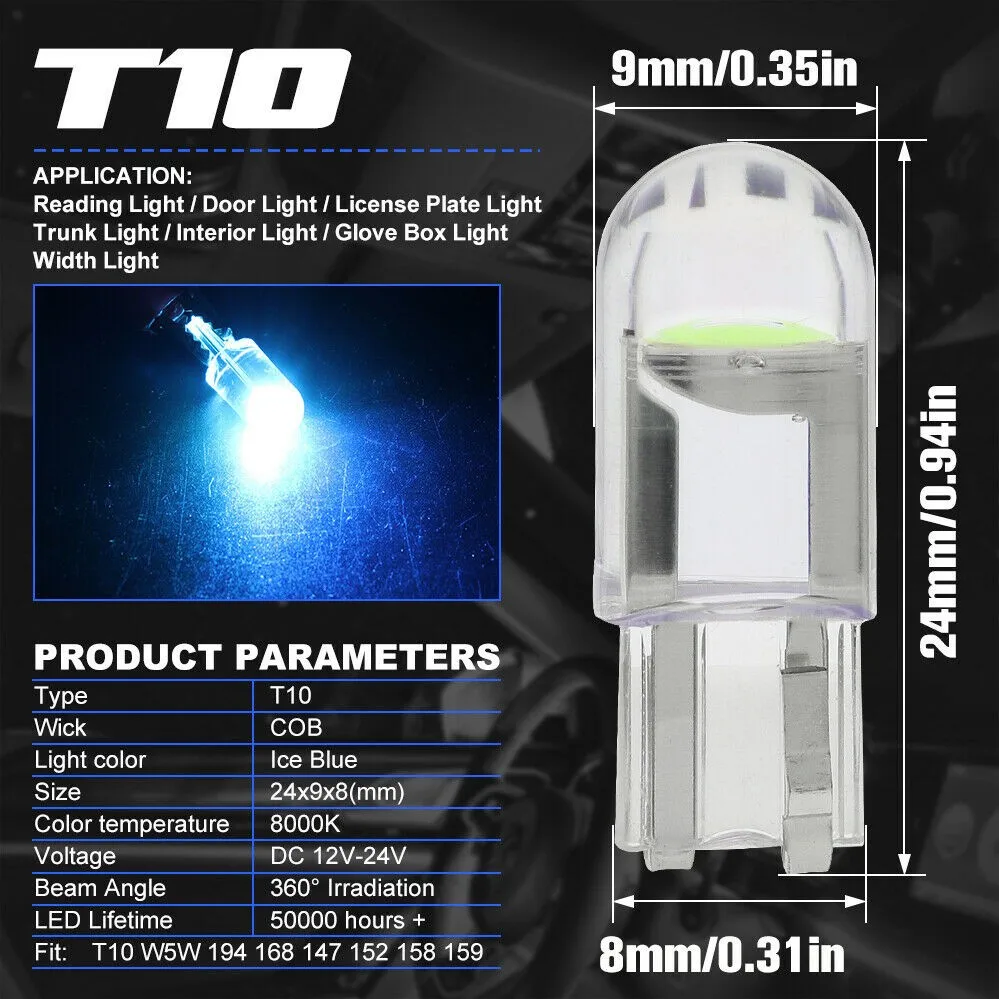 

168 194 T10 COB Light Bulbs 20pcs Dome Light Map Long Lifespan Reading