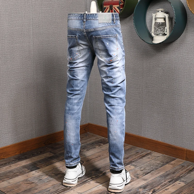 Mens Blue Ripped Patches Jeans Men Fashion Dots Printed Straight Slim Fit Pants Streetwear Cowboy Casual Denim Trousers