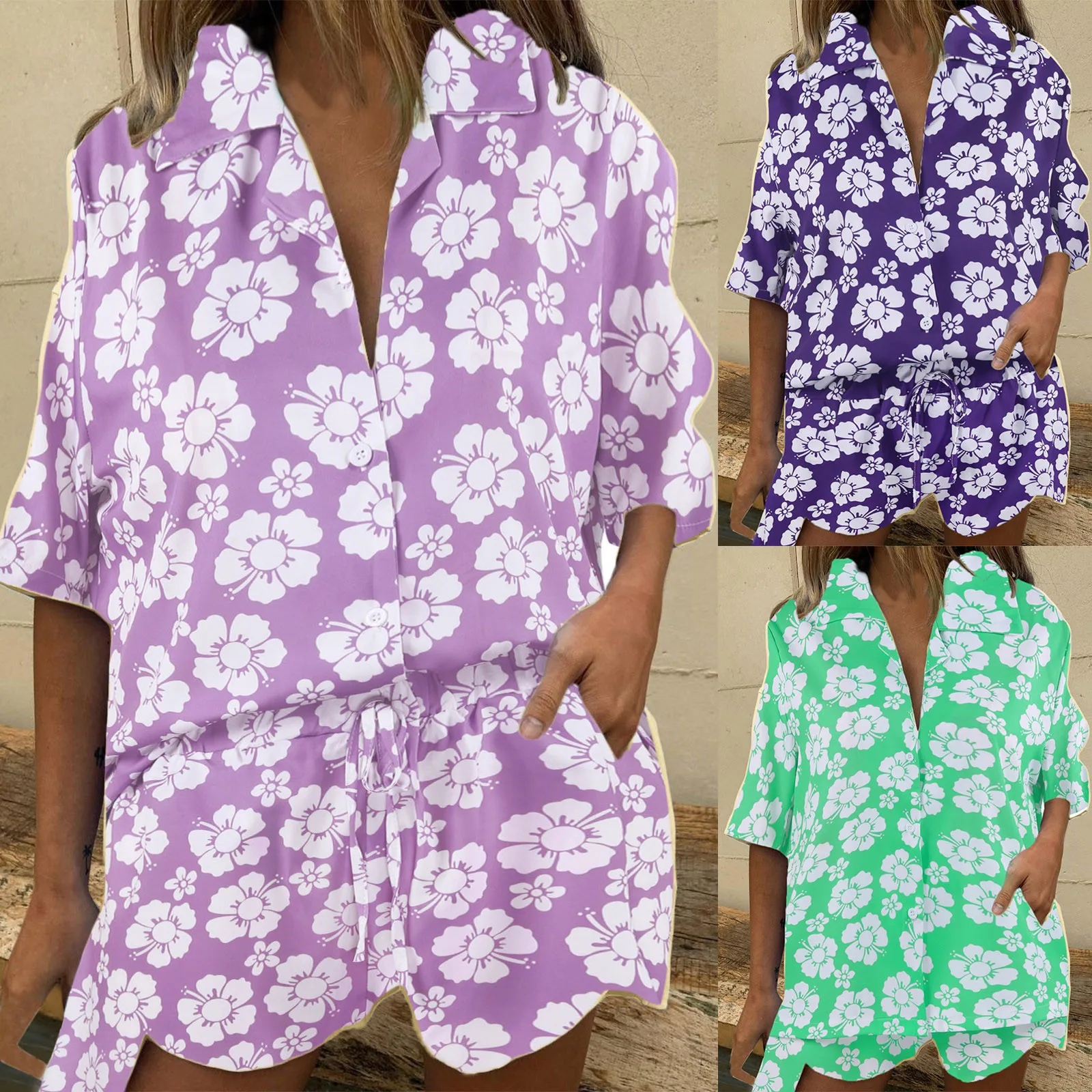 

Summer Women Shorts Set 2021 Turn-down Collar Top Shirt And Shorts Casual Two Pieces Set Loose Outfit Female ensembles femme