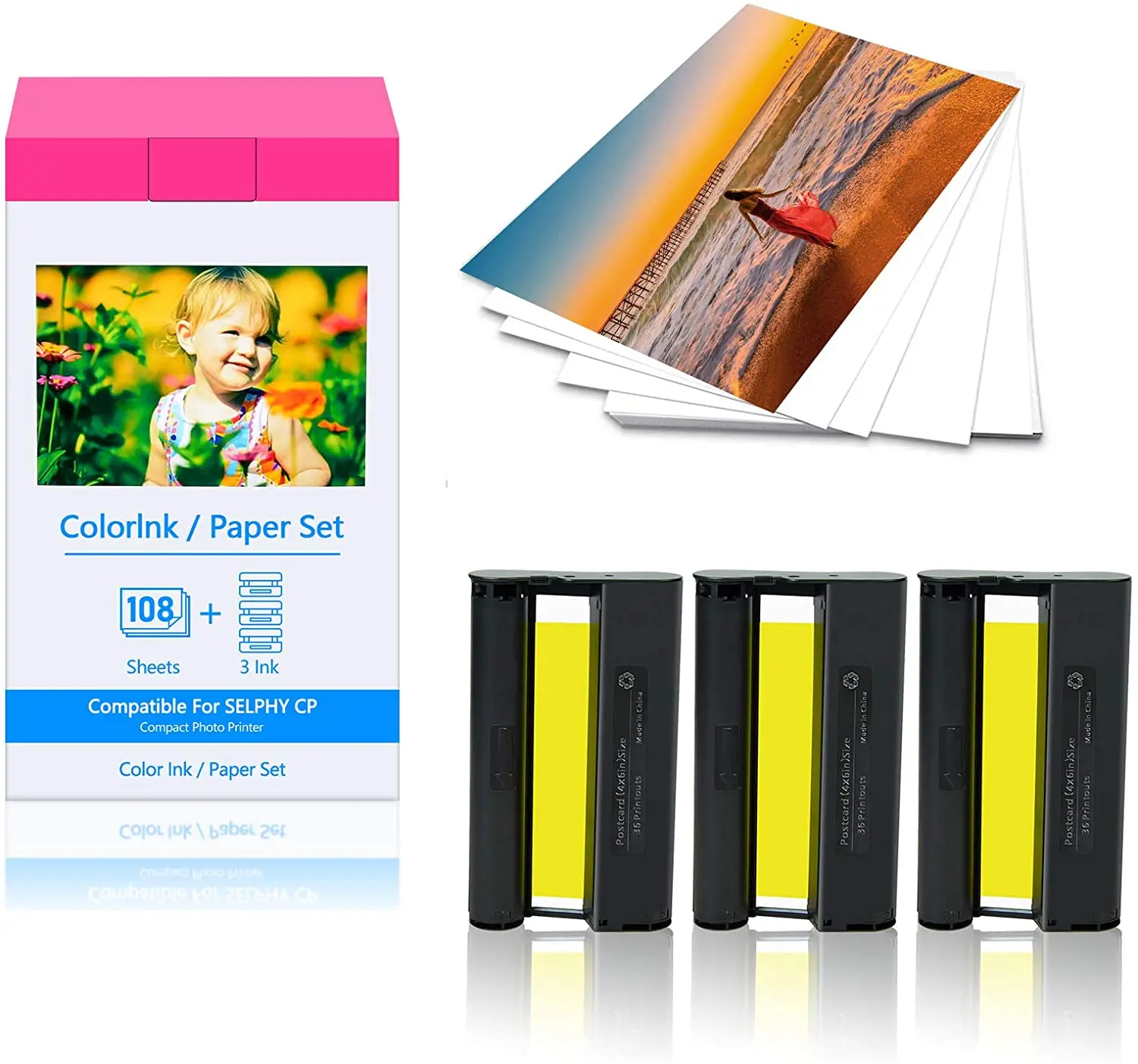 

1 коробка, 3 цветных чернильных картриджа и 108 листов, 4x6 дюймов, ламинирующие листы, фотобумага, совместимая с Canon Selphy CP1300 KP-108IN KP108