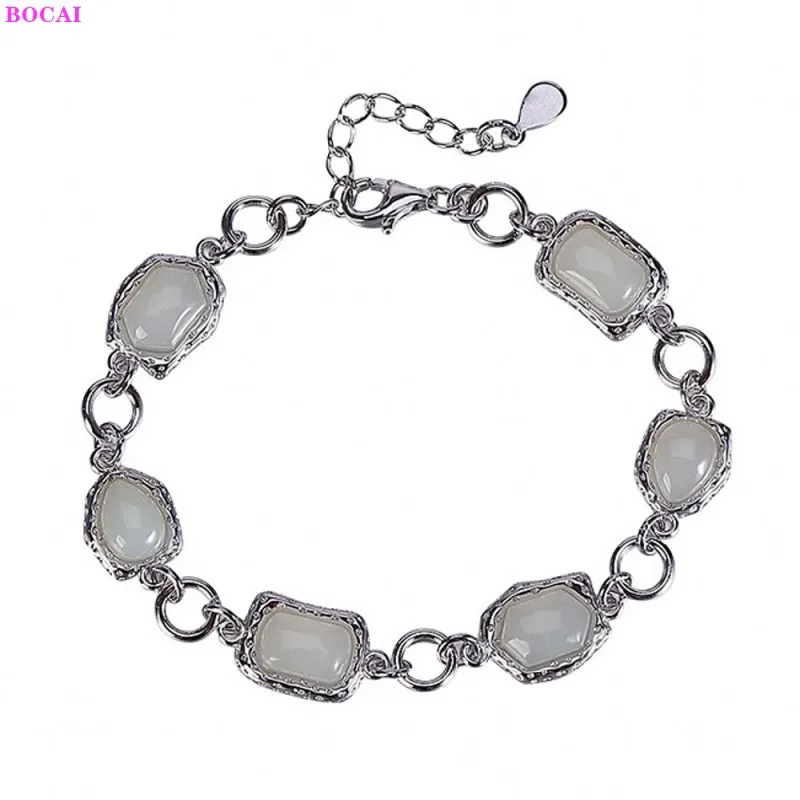

BOCAI 100% S925 Sterling Silver Bracelet Personality Geometric Jade Thai Silver Hand Chain Pure Argentum Gemstone Women's Bangle