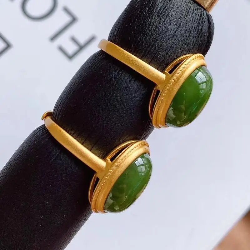 

S925 Silver Inlaid Hetian Jade Ring Women's Open Mouth Gold Retro National Style Adjustable Fat Hand Large Ring