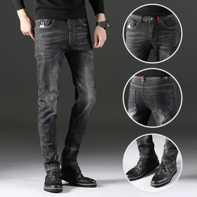 

Новое поступление, мужские Модные джинсы, эластичные джинсы с вышивкой, мужские рваные байкерские джинсовые штаны