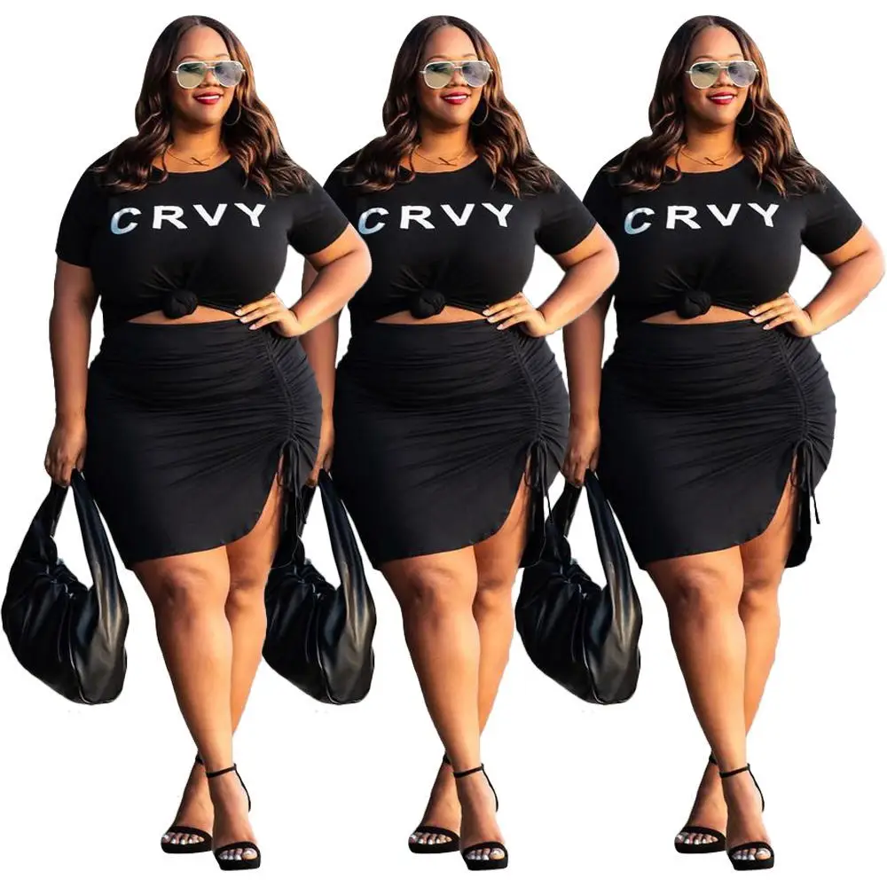 

Fashion Plus Size Women's Casual Two-Piece Skirt Suit Summer Round Neck Short Sleeve Skirt Suit With Letters
