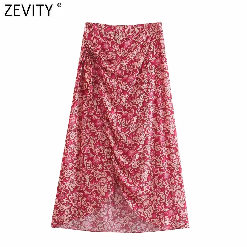 

Zevity Women Vintage Totem Floral Print Side Bow Tied Split Sarong Skirt Faldas Mujer Female Chic Irregular Midi Vestidos QUN850