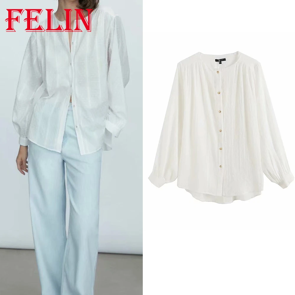 

Женская офисная блузка с оборками Za, белая элегантная рубашка из 2021 хлопка в горошек с длинным рукавом и одной пуговицей, 100%