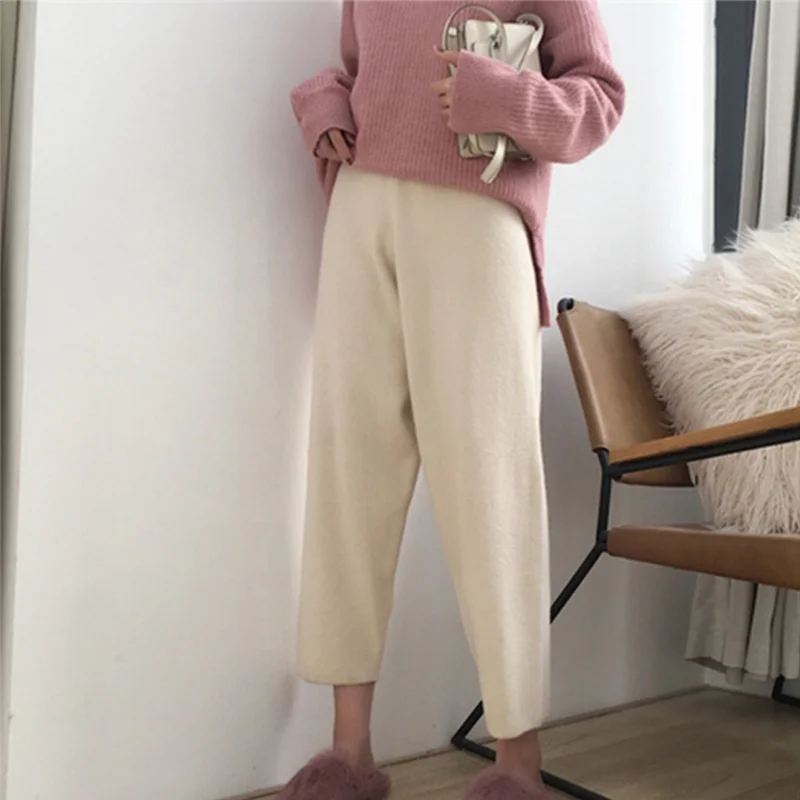 Шерстяные Трикотажные Широкие женские брюки с высокой талией Теплые Элегантные