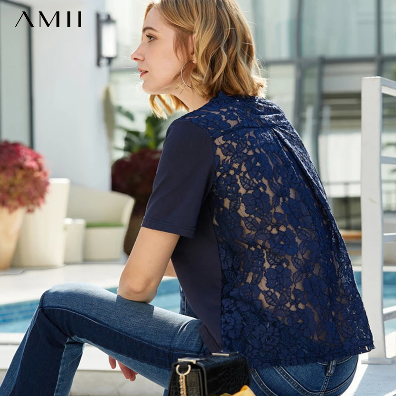 Футболка Amii женская с кружевом Минималистичная хлопковая Свободная рубашка в
